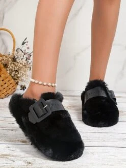 Color Block Buckle Warmth Fluffy Toe-covered Slippers -Zolucky Sales Store 75dc2e965d11d6a4b222503000d22320