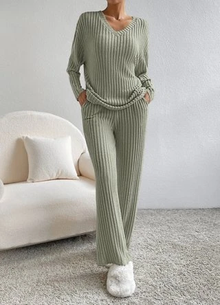Plain V Neck Long Sleeve Top With Pants Loose Casual Two-Piece Set 8 Plain V Neck Long Sleeve Top With Pants Loose Casual Two-Piece Set - Image 8