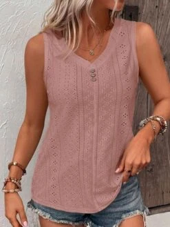Loose V Neck Casual Buttoned Eyelet Embroidery Front Tank Top -Zolucky Sales Store 775253d690bb5c11627df192bb514a43