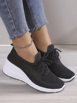 Casual Lace-up Decor Breathable Flyknit Wedge Heel Slip On Sneakers -Zolucky Sales Store 77dba403100a7198f33ca40052828aad