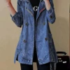 Lapel Collar Plain Denim Buttoned Casual H-Line Long Sleeve Jacket With Pockets