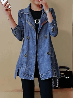Lapel Collar Plain Denim Buttoned Casual H-Line Long Sleeve Jacket With Pockets