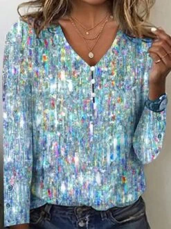 Buckle Diamond Print V Neck Casual Jersey Loose Long Sleeve T-Shirt -Zolucky Sales Store 7898a23c53cbcca6d5ee350ca14557f4