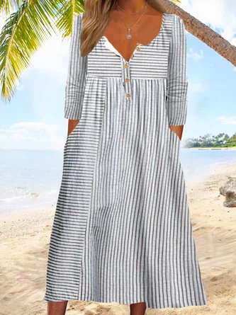 Plus Size Casual Loose Half Open Buttoned Collar Striped Long Sleeve Midi Dress 1 Plus Size Casual Loose Half Open Buttoned Collar Striped Long Sleeve Midi Dress