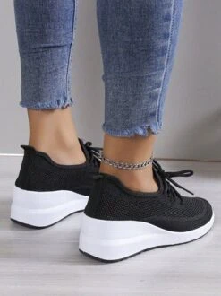 Casual Lace-up Decor Breathable Flyknit Wedge Heel Slip On Sneakers -Zolucky Sales Store 7914f35e06e395bcc7f4720b03d95225