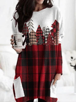 Christmas Classic Check Casual Crew Neck Knitting H-Line Short Dress