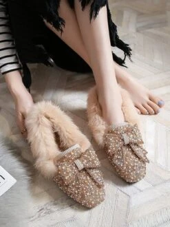 Rhinestone Imitation Pearl Bowknot Furry Party Slip On Shoes -Zolucky Sales Store 7a18144e61c185c67303eeb986877587