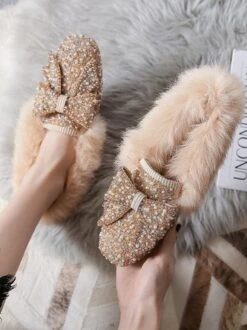 Rhinestone Imitation Pearl Bowknot Furry Party Slip On Shoes -Zolucky Sales Store 7a1865cc89a99d1862900bacc011304b