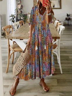 Casual Loose Floral V Neck Dress