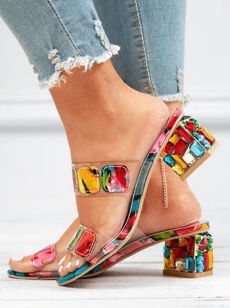 Colorful PVC Double Straps Rhinestone Chunky Heeled Sandals 2 Colorful PVC Double Straps Rhinestone Chunky Heeled Sandals - Image 2