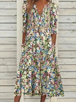 Floral V Neck Casual Half Sleeve Dress -Zolucky Sales Store 7b3e52f97ecbcb2187873ac248ebbb7e