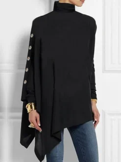 Winter Casual Plain Buckle Jersey Turtleneck Tunic Long Sleeve H-Line Shirts