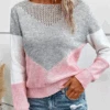 Hollow Out Crew Neck Winter Heavyweight Loose Casual Color Block Long Sleeve Sweater