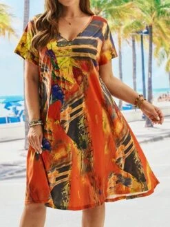 Plus Size V Neck Abstract Printed Casual Loose Dress -Zolucky Sales Store 7b9d26b1a4dc4c71c84d032ca34c7ab9