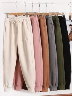 Loose Plain Winter Casual Thickened H-Line Elastic Waistband Straight Pants With Pockets