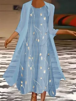 Casual Floral Autumn Micro-Elasticity Loose Three Quarter Crew Neck Coat With Skirt Regular Two-Piece Set For Women