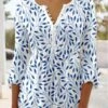 Plus Size Casual V Neck Leaf Loose Three Quarter Top