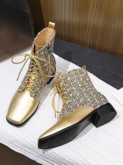 Women Tweed Plaid Fashion Square Toe Boots -Zolucky Sales Store 7d70e2d03c46075daa52d1be69dcd559
