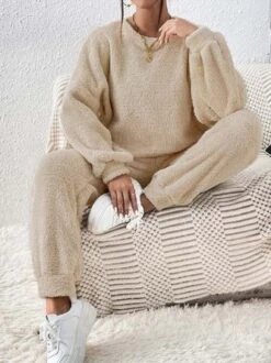 Casual Plain Fluff/Granular Fleece Fabric Two-Piece Set