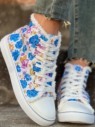 Casual Blue Floral Faux Fur Lined High Top Canvas Shoes 4 Casual Blue Floral Faux Fur Lined High Top Canvas Shoes - Image 4
