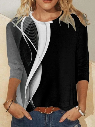 Women's Black White Abstract Print Casual Crew Neck Christmas Shirt 2 Women's Black White Abstract Print Casual Crew Neck Christmas Shirt - Image 2