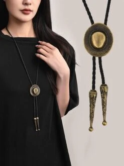 Unisex Western Cowboy Hat Vintage Braided Rope Sweater Pendant Necklaces