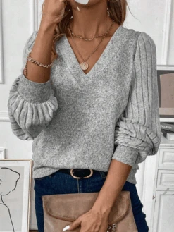 Plus Size Daily Casual Loose Plain Jersey V Neck H-Line Long Sleeve T-Shirt -Zolucky Sales Store 812a2c54919f3f4a2f67265f6864dc0d