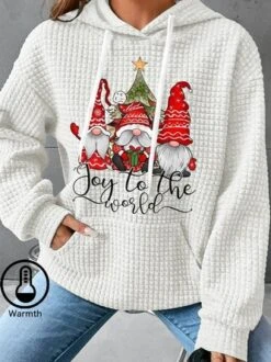 Plus Size Christmas Casual Pocket Stitching Holiday H-Line Jacquard Hoodie