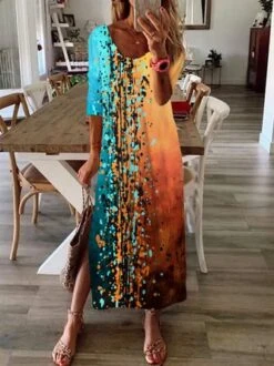 Women Casual Abstract Autumn Loose Jersey Midi H-Line Regular Medium Elasticity Dress