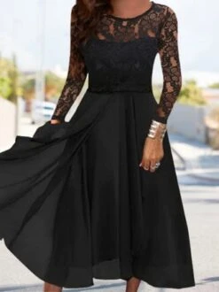Plain Lace Long Sleeve Crew Neck Party Dress