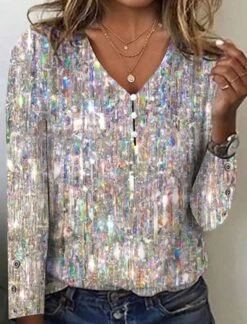 Buckle Diamond Print V Neck Casual Jersey Loose Long Sleeve T-Shirt