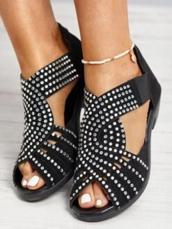 Black Rhinestone Hollow Peep Toe Chunky Heel Dress Sandals -Zolucky Sales Store 849cdbb0b37230bdd82b76f413edc526