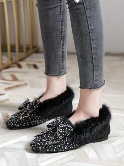 Rhinestone Imitation Pearl Bowknot Furry Party Slip On Shoes -Zolucky Sales Store 84bf1077aa30caf6f9f75a900756a504