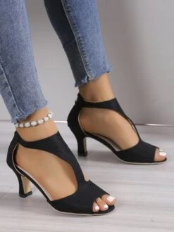 Black Suede Cutout Strap Peep Toe Mid Heel Sandals -Zolucky Sales Store 84f61685a641e9765a5b828d123682bd