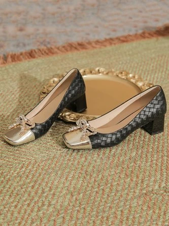 Elegant Rhinestone Bow Color Block Weave Square Toe Shallow Pumps 7 Elegant Rhinestone Bow Color Block Weave Square Toe Shallow Pumps - Image 7