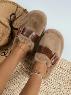 Color Block Buckle Warmth Fluffy Toe-covered Slippers -Zolucky Sales Store 85bab8dd74baa00b575f1ab0c66095f9