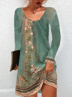 Plus Size Long Sleeve Casual Ethnic Printed Dress