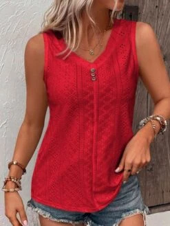 Loose V Neck Casual Buttoned Eyelet Embroidery Front Tank Top -Zolucky Sales Store 85dbf7b706c98ff21360675d882cb5d3