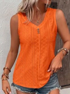 Loose V Neck Casual Buttoned Eyelet Embroidery Front Tank Top -Zolucky Sales Store 867be62b9646b82e109eb4b192df026f