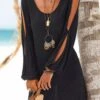 Women Cold Shoulder Long Sleeve Round Neck Causal Holiday Mini Dress
