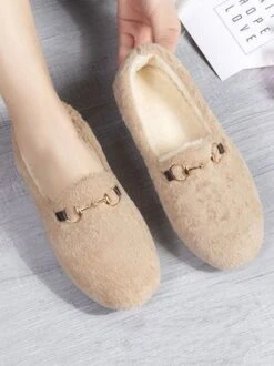 Casual Metal Decor Warmth Furry Slip On Shoes
