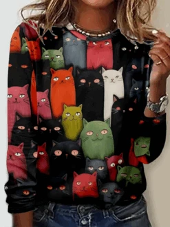 Funny Cat Casual Crew Neck Long Sleeve Shirt -Zolucky Sales Store 87cae76a094aef44313a454d8af20ec5