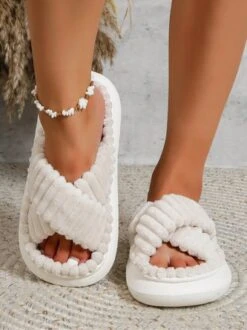 Casual Cross Strap Comfy Fluffy Slippers