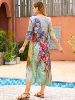Women Casual 3/4 Sleeve Round Neck Floral Print Maxi Dress -Zolucky Sales Store 8870741fb5c7b781332f133c0ac5426b