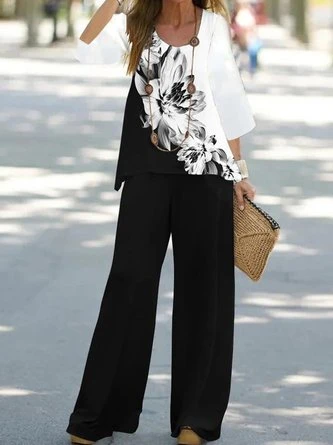 Floral Color Block Casual Crew Neck Three Quarter Loose Two-Piece Set 1 Floral Color Block Casual Crew Neck Three Quarter Loose Two-Piece Set