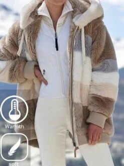 Winter Thicken Fleece Daily Casual Color Block Loose Hoodie Ombre Contrast Stitching Teddy Jacket