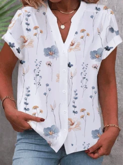 Plus Size Floral Casual Notched Blouse