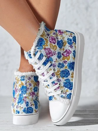 Casual Blue Floral Faux Fur Lined High Top Canvas Shoes 3 Casual Blue Floral Faux Fur Lined High Top Canvas Shoes - Image 3