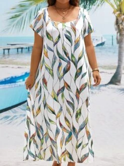 Plus Size Printed Casual Square Neck Short Sleeve Dress -Zolucky Sales Store 8b5670511e56cde624f285bd7d5912e4