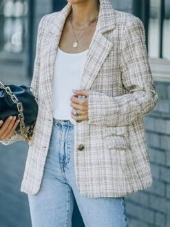 Women Casual Plaid Autumn No Elasticity Daily Long Sleeve Shawl Collar Regular H-Line Blazer